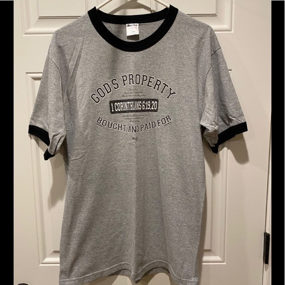 God's Property Tee ~ Murina Gray Size Large Christian Scripture Jesus T-Shirt